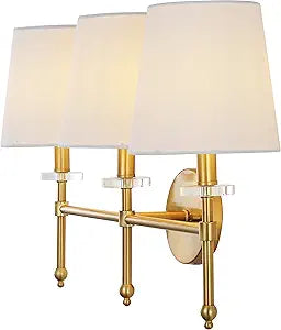 JONATHAN Y 23" Brass Gold Modern LED Wall Sconce, Midcentury Vanity Light for Bathroom Bedroom Hallway Decor, Iron Fixture with White Linen Empire Shade (JYL9921A)