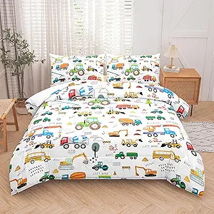 Peopleareok Cartoon Car Kids Comforter Set Queen (90x90 Inch), 3 Pieces Construction Excavator Tractor Bedding Sets for Boys Toddler Children, Super Soft Microfiber Comforter with 2 Pillowcase