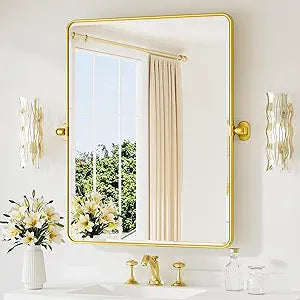 TETOTE Pivot Mirror for Bathroom 28 x 36 Glossy Gold Tilt Rectangle Metal Framed Vanity Mirror, Modern Farmhouse Adjustable Tilting Beveled Rectangular Wall Mirror, Horizontal/Vertical
