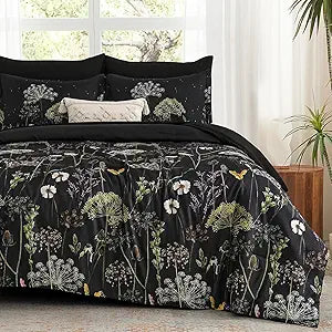Yiran Black California King Comforter Set, 7 Piece Dandelion Botanical Comforter Bedding Set, Spring Bed in a Bag, Soft Microfiber Complete Bedding Set with Sheets for All Season