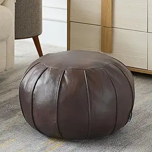 Louis Donn Brown Waterproof Faux Leather Unstuffed Pouf Ottoman, Handmade Moroccan Pouf Cover 21"x13", Round Floor Cushion Floor Chair Footstool for Living Room, Bedroom and Wedding (Only Cover)