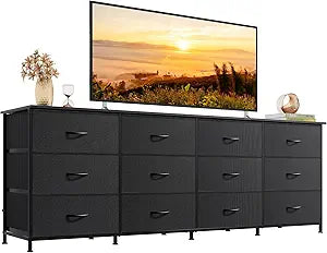 WLIVE 75.5'' Black Dresser for Bedroom, TV Stand for 85, 80, 75, 65 Inch TV, 12 Drawer Long Fabric Dresser with Wood Top, Wide Entertainment Center Storage Chest for Living Room, Closet