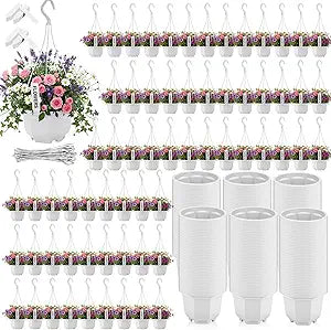 200 Pack 5.1 Inch Plastic Hanging Pots Bulk Nursery Hanging Planters with Hooks and Drainage Small Grower Pots for Indoor Outdoor Plants, Garden, Includes 200 Labels(White)