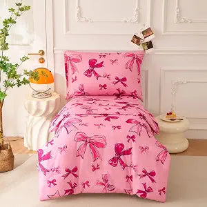 SDIII Bow Toddler Bedding Set for Girls, 4 Piece Pink Toddler Bed Set with Comforter, Fitted Sheet, Flat Sheet and Pillowcase, Super Soft Microfiber Toddler Comforter Sheet Set
