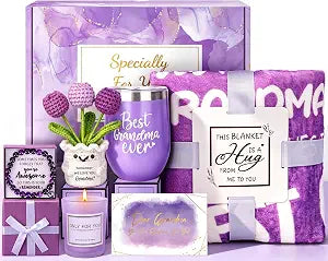 Mother's Day Basket Gifts for Grandma, Best Grandma Ever Gift, Unique Birthday Basket for Grandmother Nana from Granddaughter Grandchildren with Blanket, Tumbler, Bracelet, Crochet Tulips Flower