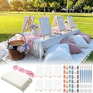 Lumina 8 Pcs Garden Picnic Paint Party Kit 91'' x 71'' Extra Large Outdoor Boho Blanket with Painting Kit Cheesecloth Table Runner for Painting Art Party Bachelorette Birthday(Pink)