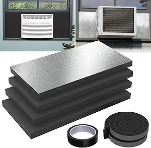Window Air Conditioner Insulated Foam Panels, 17 x 9 x 1 Inch Extra Thick Window AC Side Panels with Aluminum Insulation, 4 PCS Seamless Insulation Side Panel with Foam Seal Strips, Black