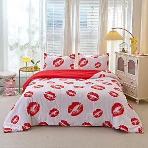 Caressma White Comforter Set Red Lips Queen 3 Pieces with Pillowshams