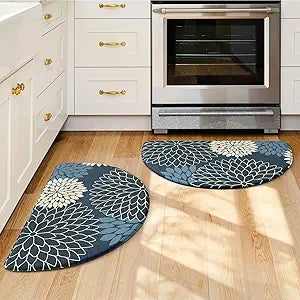 KIMODE Half Circle Kitchen Mats for Floor Cushioned Anti Fatigue,Semi Round Floral Boho Kitchen Rug Sets of 2 Non Slip,Waterproof Kitchen Carpet Decor for Sink Laundry Bathroom,Blue Multi