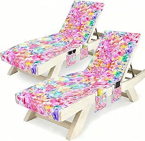 Lounge Chaise Chair Towel Covers (Pack Of 2), Beach Chair Cover With 3 Pockets For Pool Outdoor Beach Garden Patio Trips,85 X30 In (Watercolor Floral Flower)