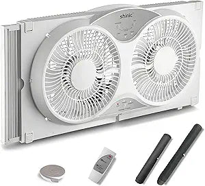 shinic 9" Twin Window Fan with Remote,ETL Certified Reversible Airflow Exhaust Fan for Home,3 Speeds 3 Modes Air Circulator with Bug Screen,Fits Windows 24"-37" White