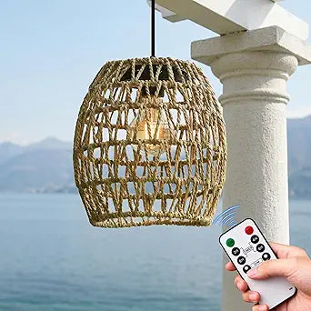 Battery Operated Chandelier, Rattan Gazebo Waterproof Hanging Pendant Light with Bulb for Patio Porch Garden Barn Room Pergola Decor