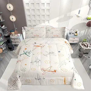 Castle Fairy Aircraft Bedding Set Kids Airplane Print Comforter Boys Girls Decor Aircraft Flying Theme Blanket Microfiber Sketch Style Khaki Yellow Duvet Set Bedroom Twin Size with 1 Pillow Case