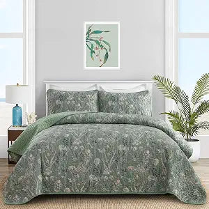 Goodidea Quilts Queen Size Bedding Set, Sage Green Bedspreads Queen Size 3 Piece Lightweight Soft Microfiber Reversible Coverlet Floral Quilt Set with Pillow Shams for All Season (Queen, 96"X90")