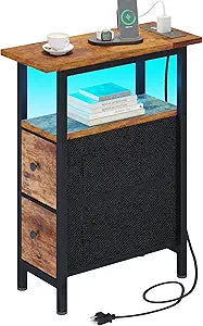 TRIFEBLE End Table with Charging Station, Narrow Side Table with 2 Fabric Drawers, Skinny Nightstand with LED Light, Slim Bedside Table for Bedroom, Living Room, Small Spaces, Rustic Brown