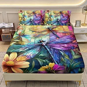 AILONEN Dragonfly Fitted Sheet Set Queen Size��� Stained Glass Style Floral Bedding with Colorful Dragonflies & Flowers ��� Soft Deep Pocket Sheets with 2 Pillowcases ��� Modern Print Bedding 3 Pieces