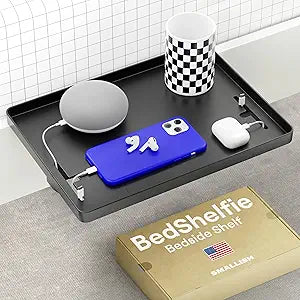 BedShelfie Bedside Shelf for Dorm Room Bunk Bed & Top Bunk, College Dorm Room Essentials, Bedside Caddy, Clip on Floating Desk Tray, Bed Side Table Storage, Loft Nightstand Decor - Cable Catch, Black