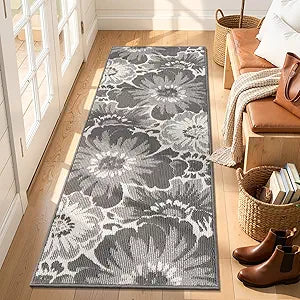 Findosom Hallway Runner Rug 2x6, Non Slip High-Low Textured Floral Washable Runner Rug with Rubber Backing, Boho Carpet Runner for Kitchen, Entryway, Bedroom, Laundry, Gray