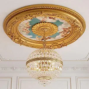Threehoney 24" Od x 2.36" ID Gold Ceiling Medallion, French Style Antique Ornate PU Chandelier Ceiling Medallion, Victorian Cherubs Sky Decorative Plate for Light Fixtures & Fans, Easy Installation