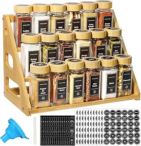 3 Tier Bamboo Spice Rack Organizer with 18 Spice Jars, 780 Labels, Wood Shelf, Chalk Marker and Funnel Set for Cabinet Kitchen Countertop, Empty 4 oz Glass Jars