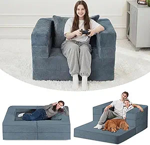 Folding Bean Bag Chair for Adults,3-in-1 Bean Bag Couch Faux Fur Floor Sofa Large Beanbag Convertible Bean Bag Sofa Bed with Pillow in Bedroom,Living Room,Apartment(Twin,Gray)