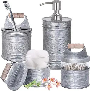 Autumn Alley Rustic Bathroom Accessories Set 4 - Galvanized Soap Dispenser, Rustic Toothbrush Holder, 2 Apothecary Jars Qtip Holder - Western Bathroom Decor Farmhouse Bathroom Decor Accessories