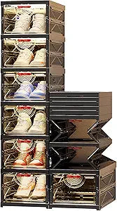 Foldable Shoe Rack Organizer Stackable Shoe Storage Box for Entryway, Closet & Bedroom Large Capacity Sneaker Containers Bins with Lids 6 Pack Black