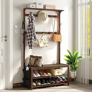 AMBIRD Hall Tree with bench and shoe storage, Entryway Bench with shoe storage, 6-in-1 Coat Rack with Cloth Bag and14 Coat Hooks, Sturdy Bamboo Frame, Large Size, Brown 39 * 15 * 70 Inches