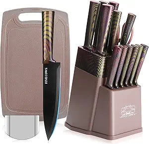 16-Piece Kitchen Knife Block Set with Cutting Board - German Stainless Steel Knives, Built-In Sharpener, Dishwasher Safe, Anti-Slip Handle - All-in-One Cutlery Set for Home/Kitchen (Pink)