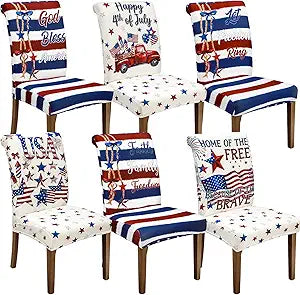 Moukeren 6 Pcs 4th of July Patriotic Dining Chair Covers Red White Blue Removable Washable Stretch Slipcovers American Flag Back Chairs Bow Cover for Independence Day 250th Anniversary Kitchen Decor