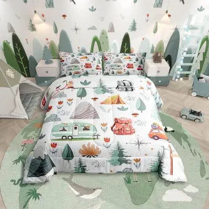 Kids Camper Theme Comforter Set Twin 2Pcs Happy Camping Bedding Set
