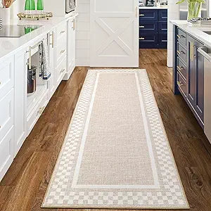 GarveeHome Kitchen Runner Rug Washable Runner Rug 2x6 for Hallway Non Slip Soft Throw Runner Carpet Modern Bordered Bathroom Mat Low Pile Checkered Runner Rugs for Bedroom Living Room Entry, Beige