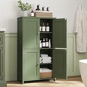 Nuturelly Bathroom Floor Storage Cabinet, Freestanding Pantry Cabinets with 4 Doors & 3 Adjustable Heights, Bathroom Organizers and Storage with Top Board & Metal Handles for Kitchen, Pale Green