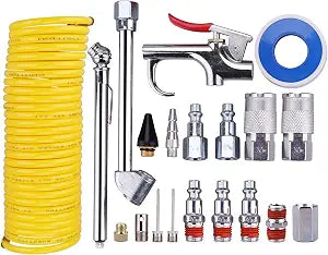 Air Compressor Kit, 1/4 Inch NPT Air Tool Kit with 1/4 Inch x 25Ft Coil Nylon Hose/Tire Gauge - 20 Pieces
