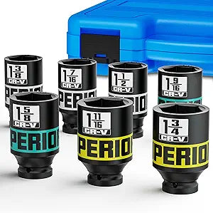 7pcs 1/2" Drive Impact Socket Set, SAE Axle Nut Sockets,1-3/8" to 1-3/4" Thicker Jumbo Sockets, Socket Set, 6 Point, Cr-V, for Mechanics, Durable Professional Tool Kit