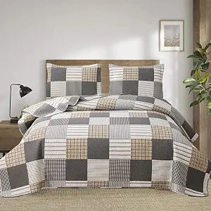 Ycosy Plaid Quilt Set King Size Lightweight Bedspread Set Grey Brown White Patchwork Quilts Reversible Coverlet with 2 Pillow Shams Soft Microfibers for All Season