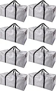 Extra Large Moving Bags with Zippers & Carrying Handles, Heavy-Duty Storage Tote for Space Saving Moving Storage, Fold Flat, Alternative to Box and Bin - 8 Pack, 40 Gal, Silver