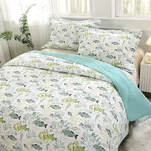 SUCSES Coastal Fish Quilts Bedding Queen 100% Cotton Green Coverlets 3Pcs