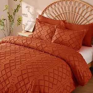 Manyshofu Burnt Orange Tufted Duvet Cover Set, 5 Piece Boho King Bedding