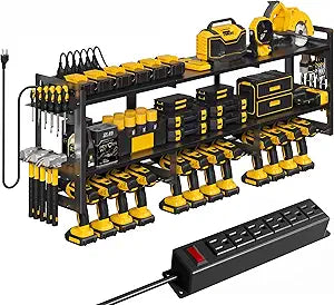 TOPRINCE 56.7" W Large Power Tool Organizer Wall Mount with Charging Station, 3-Tier Heavy Duty Metal Tool Rack with 12 Drill Holders and 6FT Power Strip, Garage Workshop Storage.Black
