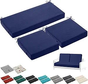 Leinuosen 3 Pcs Outdoor Chair Cushions Set 44 x 19 Inch Loveseat Waterproof Patio Furniture Love Seat Pad Cushions with Ties for Square Settee Indoor Sofa Wicker Couch Bench(Navy Blue)