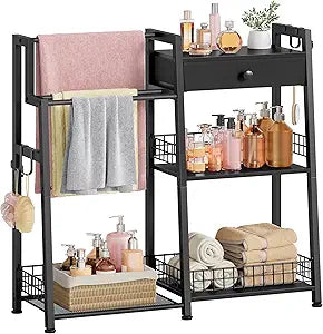 Gewudraw 2-in-1 Bathroom Ladder Shelf, 3-Tier Freestanding Towel Shelf with Drawer & Hooks, Storage Organizer for Bathroom, Laundry Room, Living Room, Balcony, Black