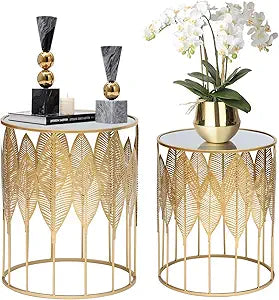 Homebeez Gold Nesting Tables Set of 2, Glam Leaf Design Round End Table with Stainless Steel Top for Living Room & Bedroom, No Assembly Required