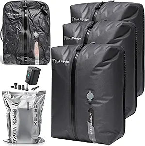 Black Voyage Reusable Vacuum Compression Travel Bag for Carry-On Suitcase and Backpack, Recycled IPX8 Waterproof Space Saver Vacpack (3-Pack, 18L - Pump Included)