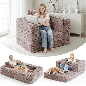 HABUTWAY Convertible Sofa Bed, 3-in-1 Futon Sofa Bed with Pillow, Foldable Pull Out Floor Sofa Bed with Removable Cover, Plush Boneless Couch for Living Room/Bedroom/Dorm