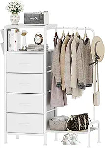 Homeiju Dresser with Hanging Rack, Reversible Dresser for Bedroom with 4 Drawers & Coat Rack & Side Pockets, Chest of Drawers with Clothes Rack, Kids Dressers for Bedroom, White