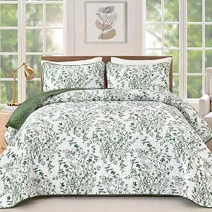 WONGS BEDDING Quilt Queen Size, Green Quilt Bedding Set with 2 Pillowcases, Botanical Quilts for Queen Bed, Soft Microfiber Lightweight Coverlet Bedspread for All Season (96"90", 3 Pieces)