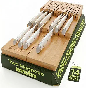 Knife Drawer Organizer - Bamboo In-Drawer Knife Block for 14 Knives Premium Drawer Knife Organizer Insert, Kitchen Knife Holder for Safe Knife Storage, Compact Kitchen Organization & Drawer Storage