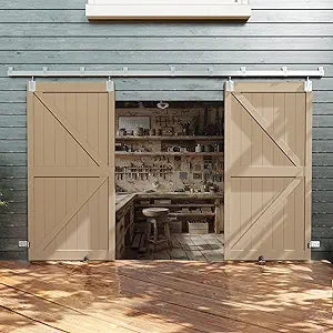 JUBEST 16FT Box Rail Exterior Barn Door Hardware Kit, Heavy Duty Sliding Door Track Kit Wall Mount Door Hardware Kit for Two Doors System(Doors Not Included), Silver
