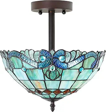 RIVER OF GOODS Victorian Stained Glass Ceiling Light, 13 Inch Oil Rubbed Bronze Metal Semi-Flush Mount Ceiling Light Fixture, Blue